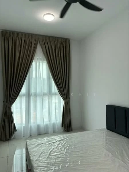 Bedroom features: white painted walls, tile flooring, floor-to-ceiling window, sheer curtains, blackout curtains, ceiling fan, upholstered headboard, queen-size bed; style: modern; view: city.