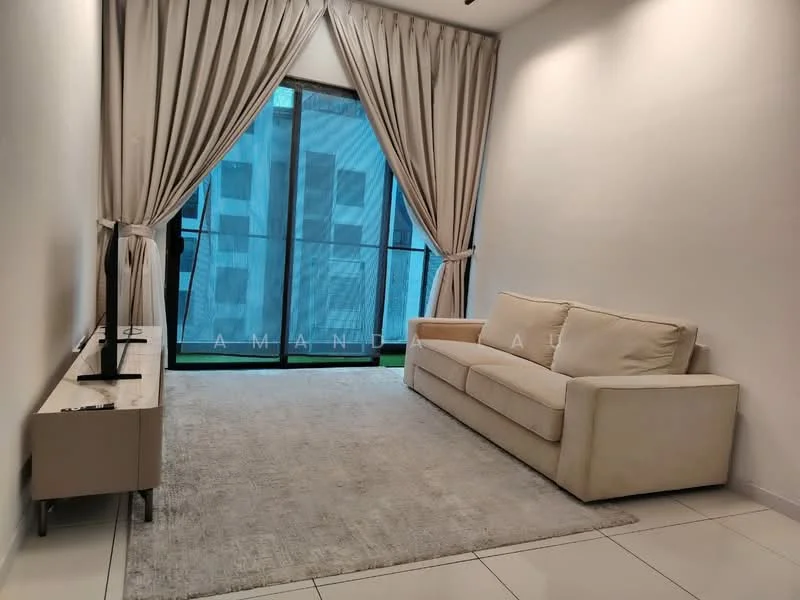 Living features: beige fabric sofa, TV console, area rug, floor-to-ceiling windows, sheer curtains, white painted walls, marble tile flooring, recessed downlights; style: modern; view: city.