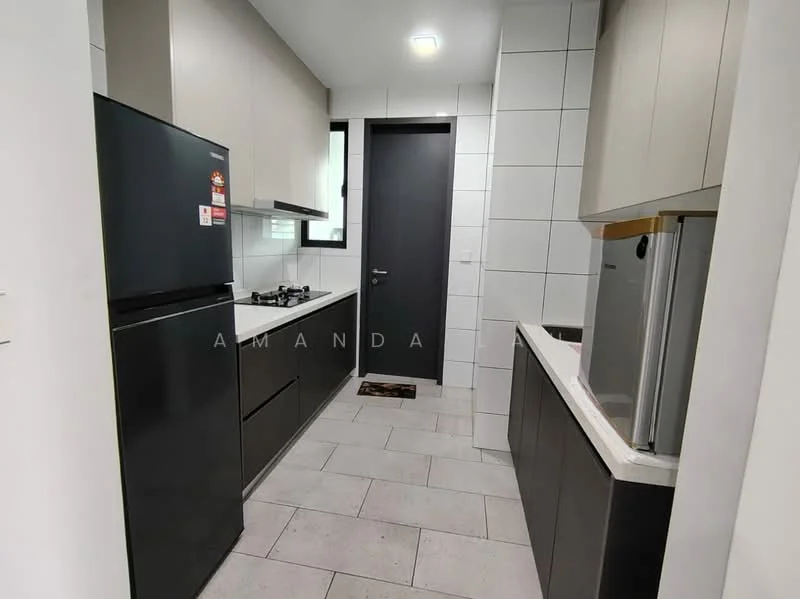 Kitchen features: black refrigerator, stainless-steel sink, chrome pull-down faucet, gas hob with 4 burners, grey cabinetry, white marble countertop, white tiled backsplash, grey tiled flooring, window for natural light, wall-mounted kitchen cabinets, under-cabinet lighting; style: modern.