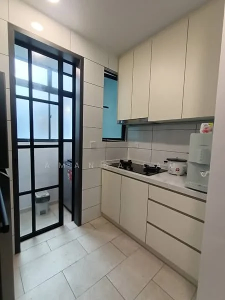 Kitchen features: light-colored cabinetry, black countertop, built-in gas stove, stainless-steel sink, white backsplash, tile flooring, window with black frame, refrigerator, kitchen appliances, open shelving, glass door to utility area; style: modern.