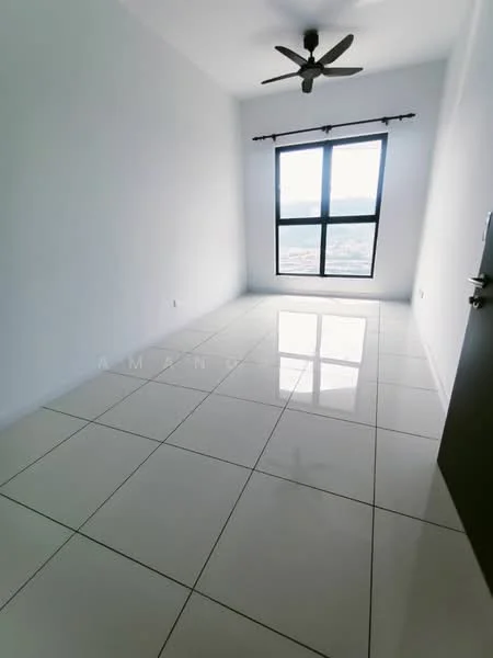 Room features: white painted walls, glossy white tile flooring, floor-to-ceiling windows, black window frames, ceiling fan, natural light from window, mountain view, roller blinds; style: modern; view: mountain.