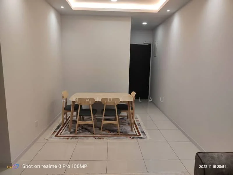 Dining features: rectangular dining table, 4 dining chairs, area rug, white painted walls, recessed ceiling lights, tile flooring, neutral color palette, minimalist decor; style: modern.