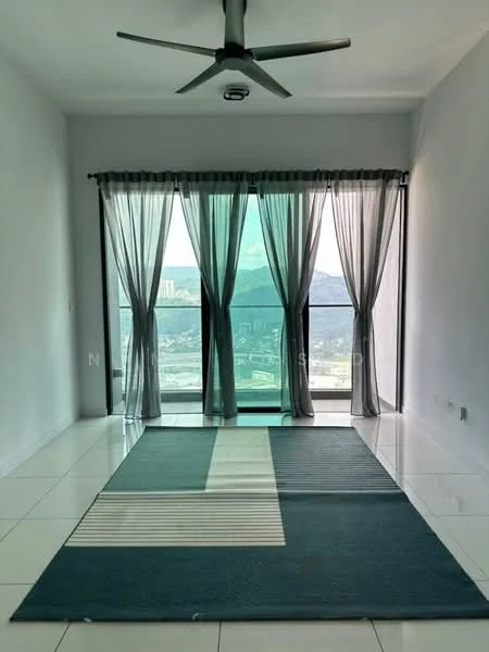 Living features: floor-to-ceiling windows, sheer curtains, 5-blade ceiling fan, white painted walls, glossy white tile flooring, area rug with geometric pattern, mountain view; style: modern; view: mountain.