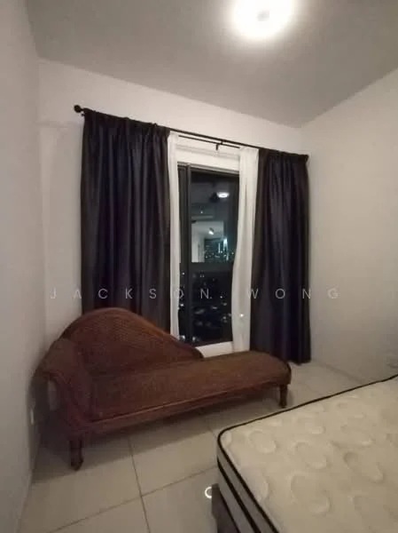 Bedroom features: floor-to-ceiling window, blackout curtains, sheer curtains, white painted walls, tile flooring, ceiling light fixture, decorative chaise lounge, unmade bed with mattress; style: modern; view: city.