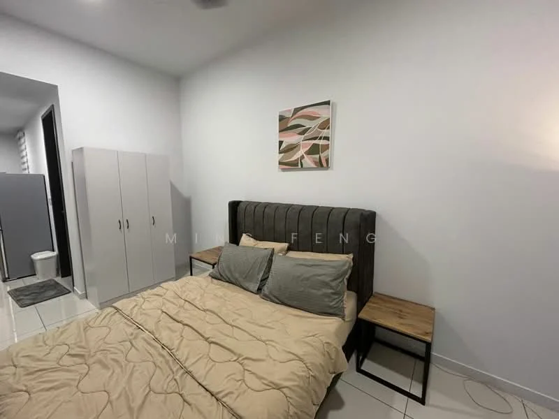 Bedroom features: king-size bed with upholstered headboard, beige bedding, two bedside tables with wooden tops, framed artwork on wall, white painted walls, tile flooring, built-in wardrobe, floor lamp; style: modern.