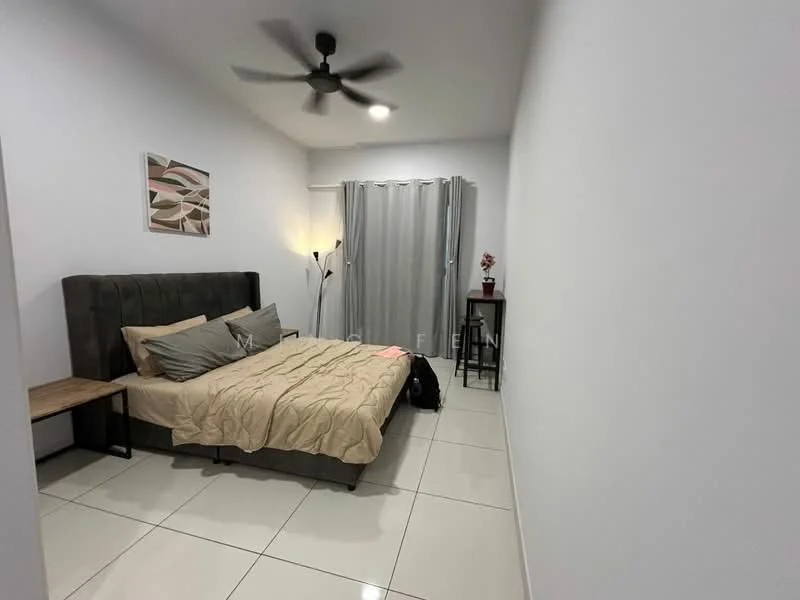 Bedroom features: king-size bed with upholstered headboard, bedding in neutral tones, 2 bedside lamps, wooden bedside table, floor-to-ceiling window with sheer curtains, white painted walls, polished ceramic tile flooring, 5-blade ceiling fan with light, decorative wall art, potted plant on window sill; style: modern.