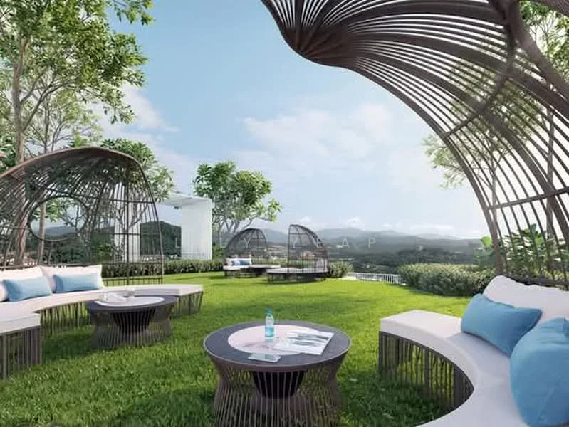 Exterior type: landscape garden; features: manicured lawn, outdoor seating areas, decorative canopies, coffee tables, lush greenery, mountain view in background, blue cushions on seating, clear sky; style: modern.