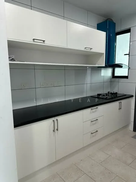 Kitchen features: white cabinetry with flat-panel doors, black countertop, stainless-steel gas hob, blue chimney hood, white tiled backsplash, wall-mounted open shelving, multiple electrical outlets, window for natural light, light-colored flooring; style: modern.