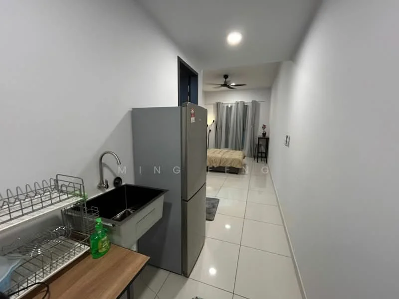 Room features: white painted walls, glossy tile flooring, refrigerator, single-bowl stainless-steel sink, kitchen countertop, ceiling fan, bed visible in background, curtains, light fixture; style: modern.