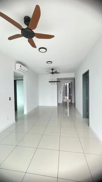 Room features: white painted walls, glossy ceramic tile flooring, 5-blade ceiling fan with light, 2 ceiling fans, wall-mounted split AC, recessed downlights, doorway leading to another room, open layout; style: modern.