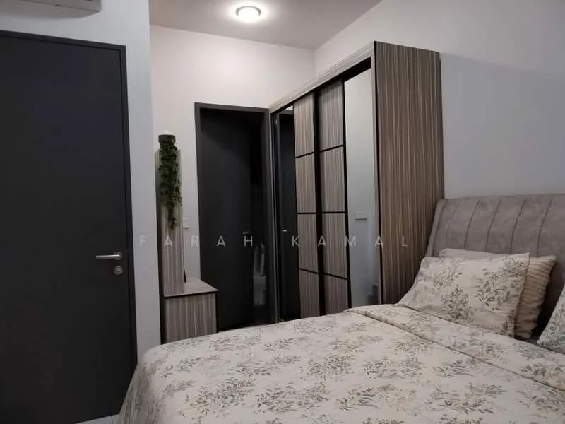 Bedroom features: queen-size bed with upholstered headboard, bedding with floral pattern, built-in wardrobe with sliding doors, neutral wall colour, recessed ceiling light, decorative wall plant, nightstand with drawer, flooring not visible; style: modern.