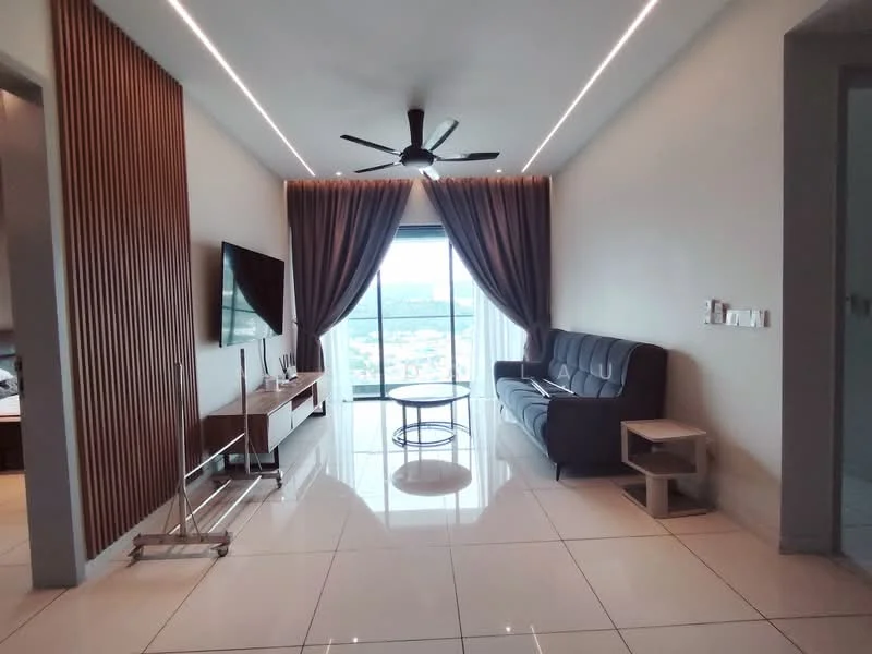 Living features: grey fabric sofa, coffee table, wall-mounted TV, TV console, floor-to-ceiling windows, curtains, recessed LED downlights, 5-blade ceiling fan, white painted walls, glossy tile flooring, wood accent wall; style: modern; view: city.