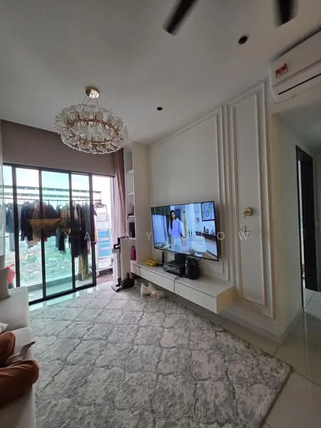 Living features: chandelier, wall-mounted TV, TV console, light-coloured walls, grey area rug, floor-to-ceiling windows, sliding glass door, air conditioning unit, decorative wall paneling, sofa, clothes hanging on rack; style: modern; view: city.