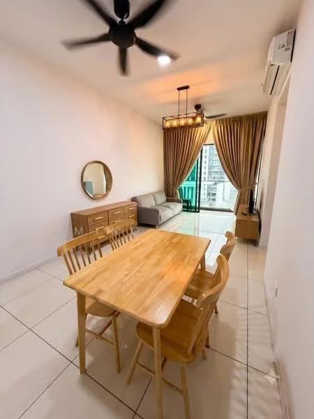 Dining features: wooden dining table, 4 wooden dining chairs, pendant light fixture, mirror on wall, floor-to-ceiling windows, curtains, sofa in grey, TV console, wall-mounted TV, air conditioning unit, tile flooring, white painted walls, ceiling fan; style: modern; view: city.