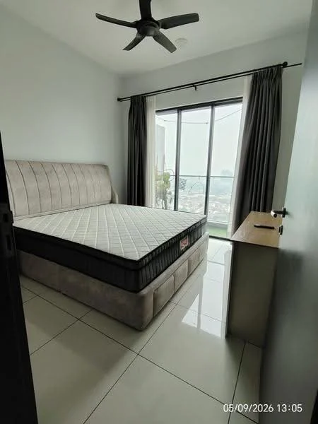 Bedroom features: queen-size bed, upholstered headboard, white walls, grey curtains, floor-to-ceiling windows, sliding glass door, ceiling fan, tile flooring, nightstand, decorative plant; style: modern; view: city.