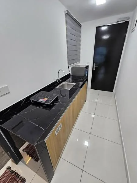 Kitchen features: black marble countertop, wood cabinetry, single-bowl stainless-steel sink, chrome pull-down faucet, built-in microwave, induction cooktop, white painted walls, glossy tile flooring, roller blinds on window, recessed LED downlights; style: modern.