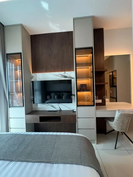 Bedroom features: queen-size bed, wooden headboard, built-in wardrobe with glass doors, wall-mounted TV, marble feature wall, study desk with mirror, upholstered chair, recessed lighting, floor-to-ceiling windows with sheer curtains, neutral tile flooring; style: modern.