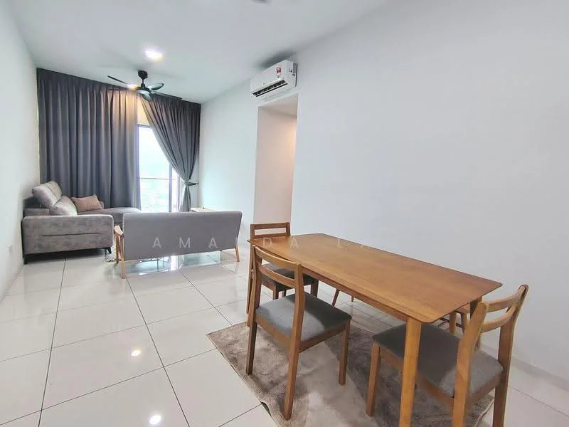 Living features: grey fabric sofa, 4-seater wooden dining table, 4 wooden chairs, white painted walls, glossy white tile flooring, ceiling fan, floor-to-ceiling windows with grey curtains, air conditioning unit; style: modern; view: city.