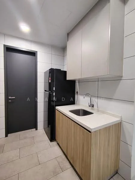 Kitchen features: single-bowl stainless-steel sink, chrome pull-down faucet, white quartz countertop, wood cabinetry, black refrigerator, grey tiled walls, grey tiled flooring, recessed LED downlights, dark door, upper cabinets; style: modern.