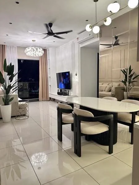 Living features: white painted walls, polished ceramic tile flooring, 5-blade ceiling fan with light, chandelier, floor-to-ceiling windows, sliding glass door, sheer curtains, TV mounted on wall, decorative mirror, indoor plants in pots, round dining table, 4 upholstered dining chairs, sofa in neutral color, area rug; style: modern; view: city.