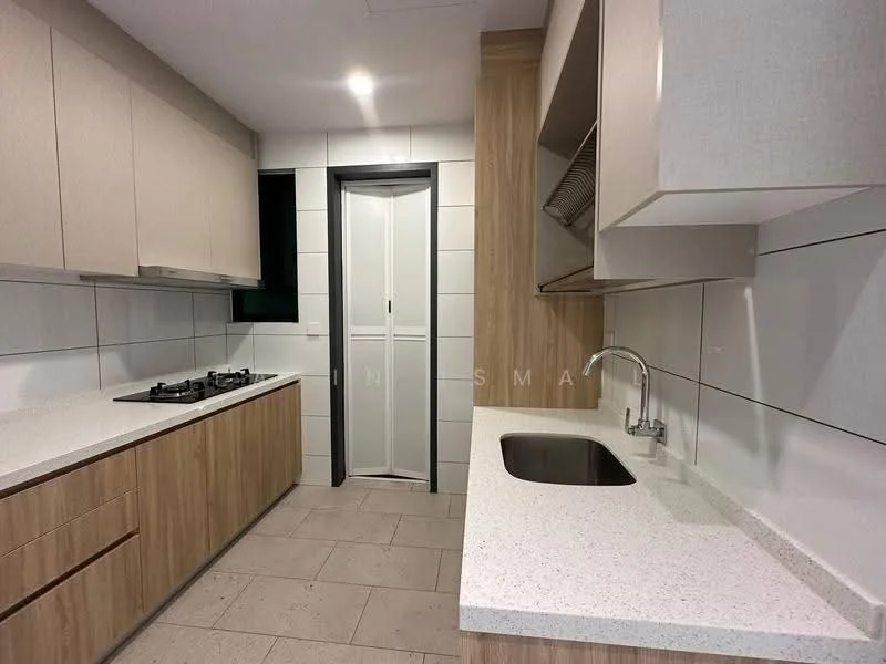 Kitchen features: light wood cabinetry, white quartz countertop, single-bowl stainless-steel sink, chrome pull-down faucet, built-in gas stove with 4 burners, white tiled backsplash, grey tiled flooring, recessed downlights, sliding door to utility area; style: modern.