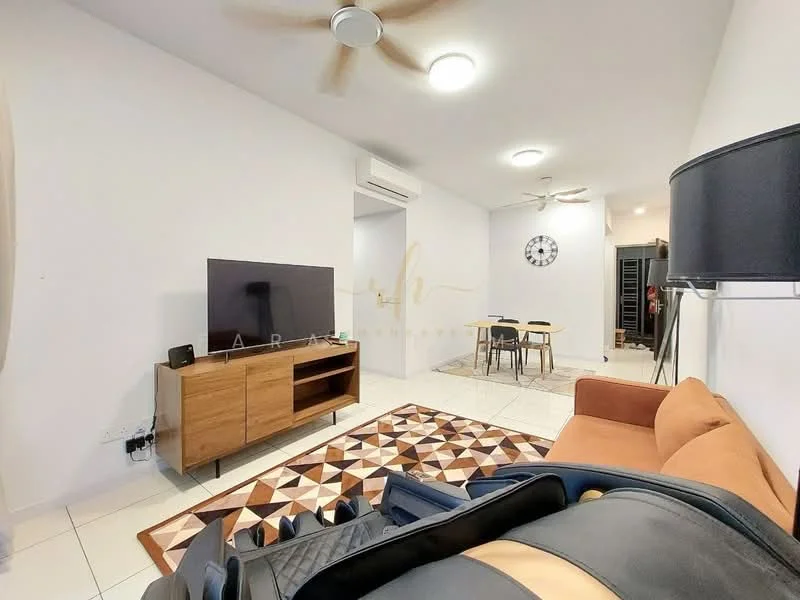 Living features: 3-seater fabric sofa in orange, wooden coffee table, wall-mounted TV, TV console with storage, area rug with geometric pattern, ceiling fan, wall-mounted air conditioning unit, decorative wall clock, dining table with chairs, white painted walls, tile flooring; style: modern.