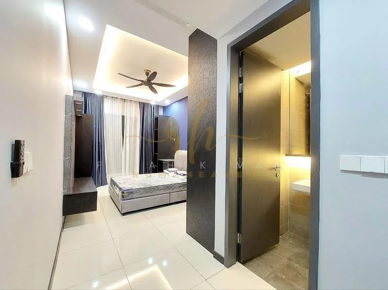 Bedroom features: queen-size bed, upholstered headboard, 2 bedside lamps, built-in wardrobe, wall-mounted TV, ceiling fan with light, recessed lighting, white painted walls, glossy tile flooring, grey accent wall, sliding door to bathroom; style: modern.
