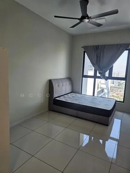 Bedroom features: queen-size bed, upholstered headboard, floor-to-ceiling windows, curtains, white painted walls, glossy ceramic tile flooring, 5-blade ceiling fan, built-in wardrobe; style: modern; view: city.