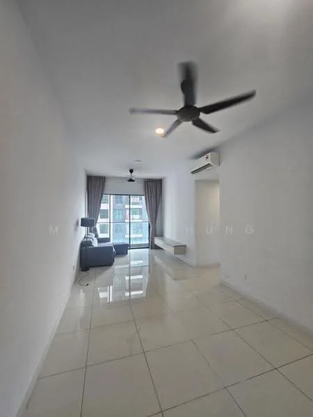 Living features: white painted walls, glossy ceramic tile flooring, 5-blade ceiling fan with light, recessed downlights, floor-to-ceiling windows, grey fabric sofa, window treatments with sheer curtains, air conditioning unit, built-in wall shelf; style: modern; view: city.