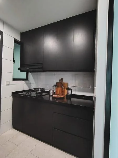 Kitchen features: black cabinetry, black countertop, built-in gas hob, exhaust hood, white tiled backsplash, light-colored flooring, single-bowl stainless-steel sink, wooden cutting board, kitchen utensils, window for natural light; style: modern.