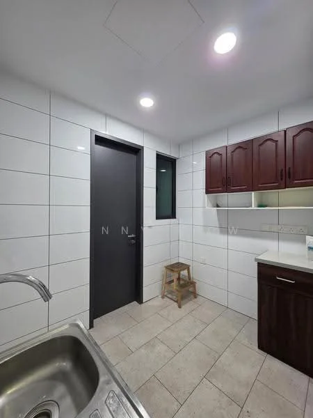 Kitchen features: single-bowl stainless-steel sink, chrome pull-down faucet, white tiled walls, grey floor tiles, dark wood cabinetry, light countertop, window above sink, door leading to another room, stool, recessed ceiling lights; style: modern.