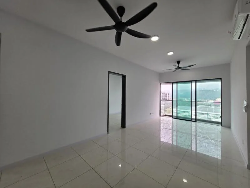 Living features: white painted walls, polished tile flooring, 2 ceiling fans, floor-to-ceiling windows, sliding glass door, natural light, city view, recessed downlights; style: modern; view: city.