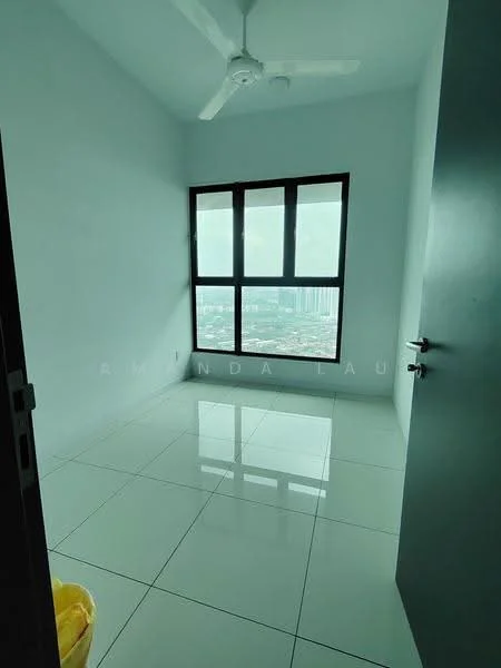 Room features: white painted walls, glossy white tile flooring, floor-to-ceiling windows, city view, ceiling fan; style: modern; view: city.