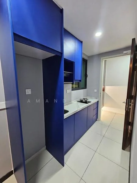 Kitchen features: blue cabinetry, white countertop, built-in stove, wall-mounted range hood, white tiled backsplash, ceramic tile flooring, recessed lighting, window for natural light, open shelving, single-bowl stainless-steel sink; style: modern.
