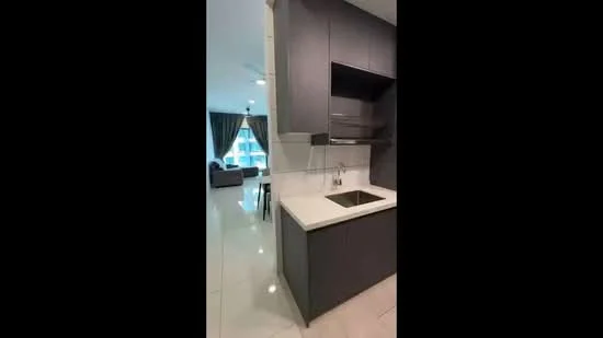 Kitchen features: dark cabinetry, white quartz countertop, single-bowl stainless-steel sink, chrome pull-down faucet, built-in oven, stainless-steel range hood, ceramic tile flooring, recessed downlights; style: modern. Living features: sofa, curtains, coffee table, TV console, area rug; style: modern.