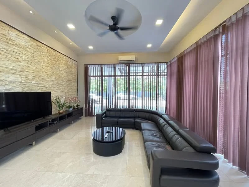 Living features: L-shape sectional sofa in black leather, coffee table with black glass top, TV console with storage, wall-mounted TV, stone accent wall, recessed downlights, 5-blade ceiling fan with light, floor-to-ceiling windows with sheer curtains, cream painted walls, marble tile flooring, air conditioning unit; style: modern; view: garden.