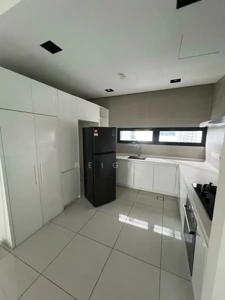 Kitchen features: white cabinetry, black fridge, stainless-steel built-in oven, stainless-steel gas hob, white countertop, white backsplash, large window, tile flooring, recessed ceiling lights; style: modern.