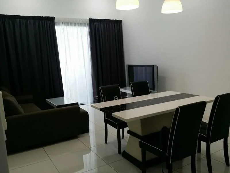 Living features: 3-seater fabric sofa in dark brown, glass coffee table, wall-mounted TV, 6-seater dining table with marble top, upholstered dining chairs in black, floor-to-ceiling windows with sheer curtains, blackout curtains, glossy tile flooring, recessed ceiling lights, neutral painted walls; style: modern.