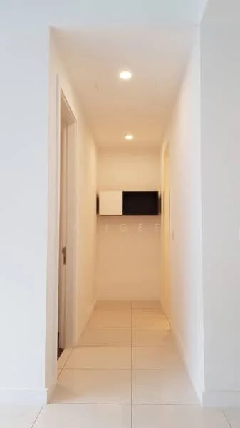 Hallway features: white painted walls, tile flooring, recessed downlights, built-in shelving unit with black and white sections, neutral color palette, straight corridor layout; style: modern.