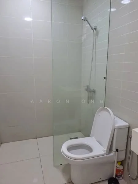 Bathroom features: white tiled walls, cream floor tiles, walk-in shower with glass enclosure, rain shower head, handheld shower, one-piece toilet, chrome basin mixer, vanity with storage, mirror above vanity; style: modern.