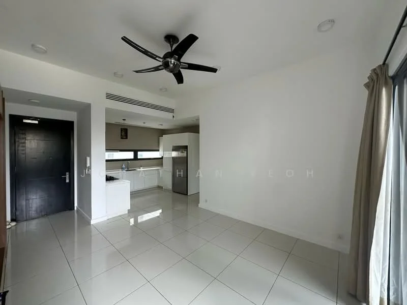 Living features: white painted walls, glossy white tile flooring, 5-blade ceiling fan with light, floor-to-ceiling windows, sliding glass door, curtains, open layout to kitchen, recessed downlights; style: modern. Kitchen features: white cabinetry, stainless-steel fridge, countertop with backsplash, built-in oven, freestanding range oven; style: modern.