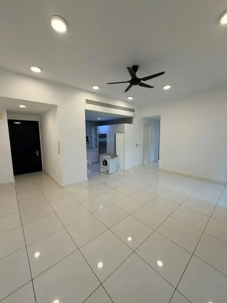 Room features: white painted walls, glossy white floor tiles, 5-blade ceiling fan, recessed downlights, laundry machine, open layout, doorway leading to another room, large windows for natural light; style: modern.