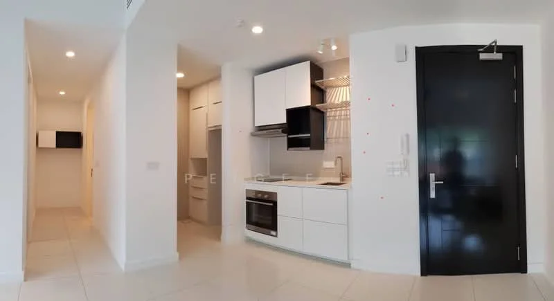 Kitchen features: white cabinetry, built-in oven, stainless-steel range hood, 4-burner gas hob, single-bowl stainless-steel sink, chrome pull-down faucet, white quartz countertop, open shelving, recessed downlights, tile flooring; style: modern. Hallway features: white painted walls, tile flooring, recessed lighting; style: modern.