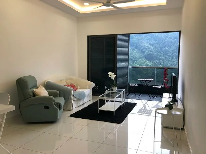 Living features: white painted walls, glossy tile flooring, 5-blade ceiling fan with light, sofa in light fabric, armchair in light blue fabric, coffee table with white frame, area rug in black, TV console, floor-to-ceiling sliding glass door, balcony view of greenery; style: modern; view: mountain.