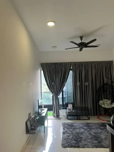 Living features: white painted walls, glossy tile flooring, 5-blade ceiling fan, floor-to-ceiling windows, grey curtains, black coffee table, area rug with geometric pattern, TV console, decorative wall art; style: modern; view: garden.
