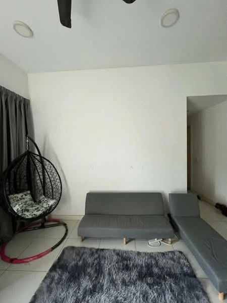 Living features: grey fabric sofa, hanging egg chair, area rug with shaggy texture, white painted walls, ceiling fan, tile flooring, curtains, floor-to-ceiling windows; style: modern.