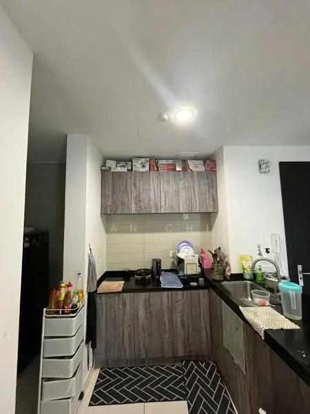 Kitchen features: dark wood cabinetry, black countertop, stainless-steel sink, chrome pull-down faucet, tile backsplash, refrigerator, microwave, kettle, toaster, open shelving, storage drawers, black and white patterned flooring, wall-mounted light fixture; style: modern.
