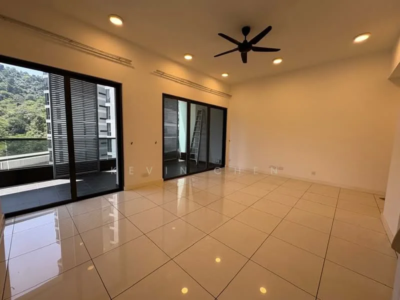 Living features: white painted walls, glossy ceramic tile flooring, 5-blade ceiling fan, recessed LED downlights, floor-to-ceiling windows, sliding glass door, access to balcony, mountain view; style: modern; view: mountain.