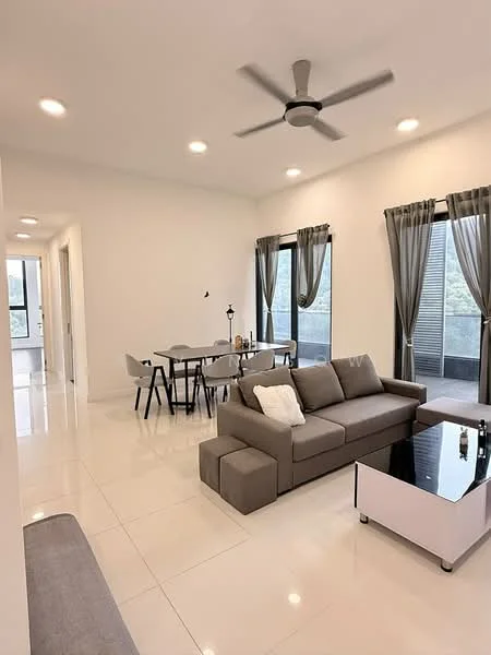 Living features: 3-seater fabric sofa in grey, coffee table with glossy surface, 5-blade ceiling fan with light, floor-to-ceiling windows, sheer curtains, grey accent wall, white painted walls, polished ceramic tile flooring, decorative throw pillows, area rug with geometric pattern; style: modern; view: garden. Dining features: 6-seater dining table, black dining chairs, tabletop with glossy finish, decorative table lamp, wall-mounted decor, open space layout; style: modern; view: garden.