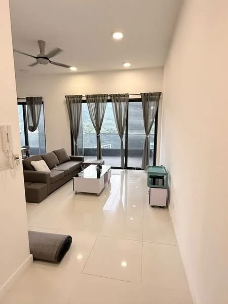 Living features: 3-seater fabric sofa in grey, coffee table, floor-to-ceiling windows, sheer curtains, white painted walls, polished ceramic tile flooring, ceiling fan, recessed downlights; style: modern.